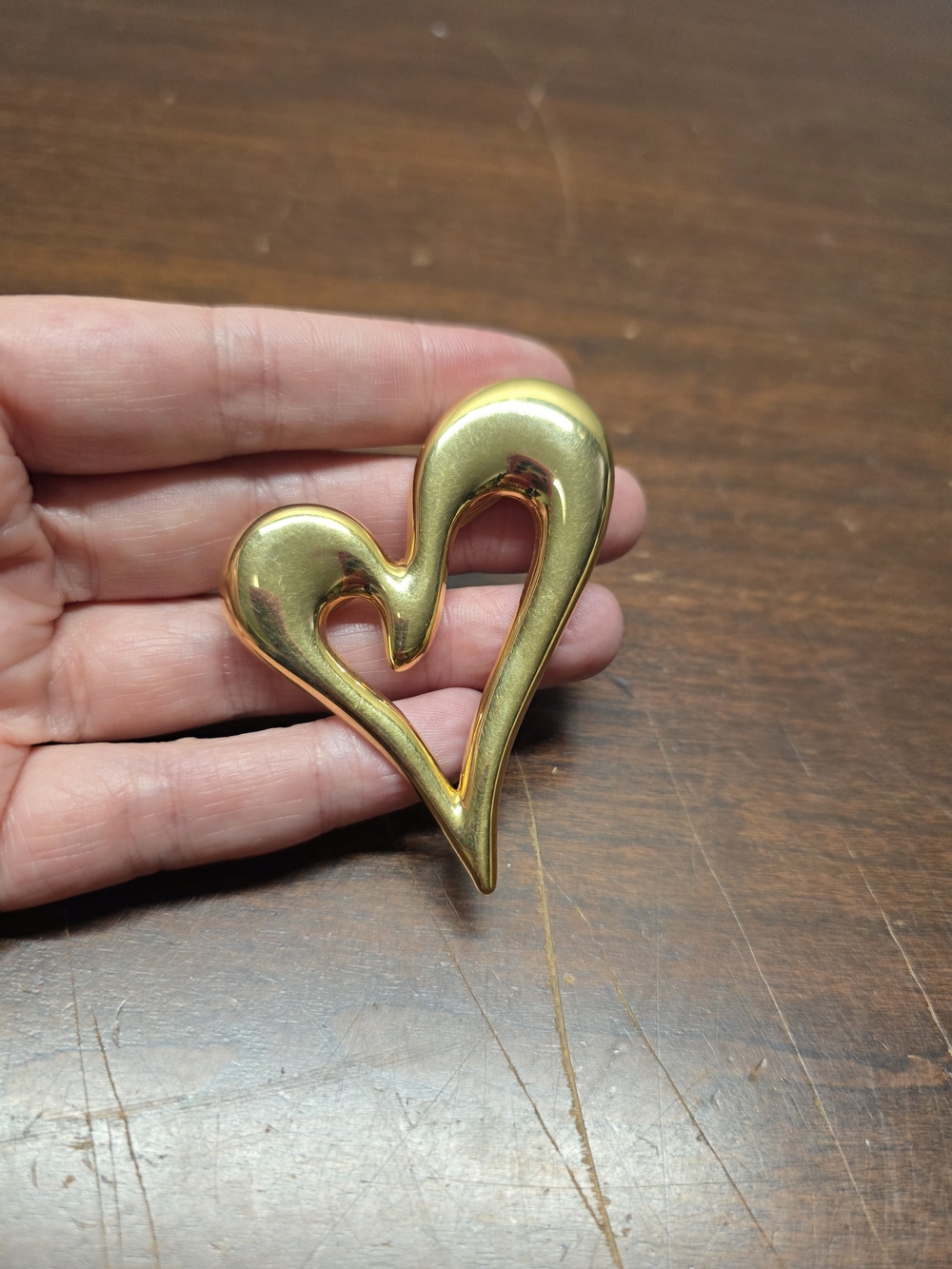 Monet Open Heart Brooch Pin Gold Tone Signed Valentine Asymmetrical 2"